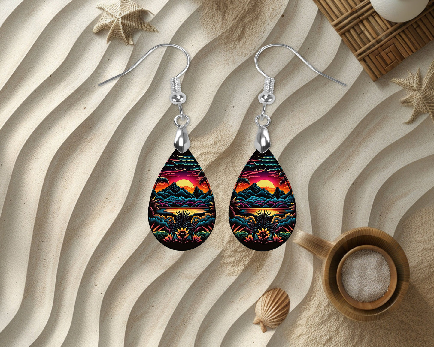 Neon Sunset Beach Earrings, Teardrop Dangle Printed Earrings Jewelry Handmade