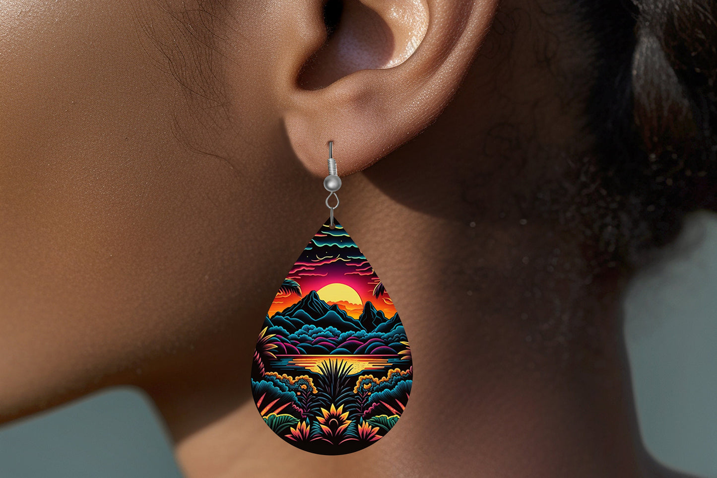 Neon Sunset Beach Earrings, Teardrop Dangle Printed Earrings Jewelry Handmade