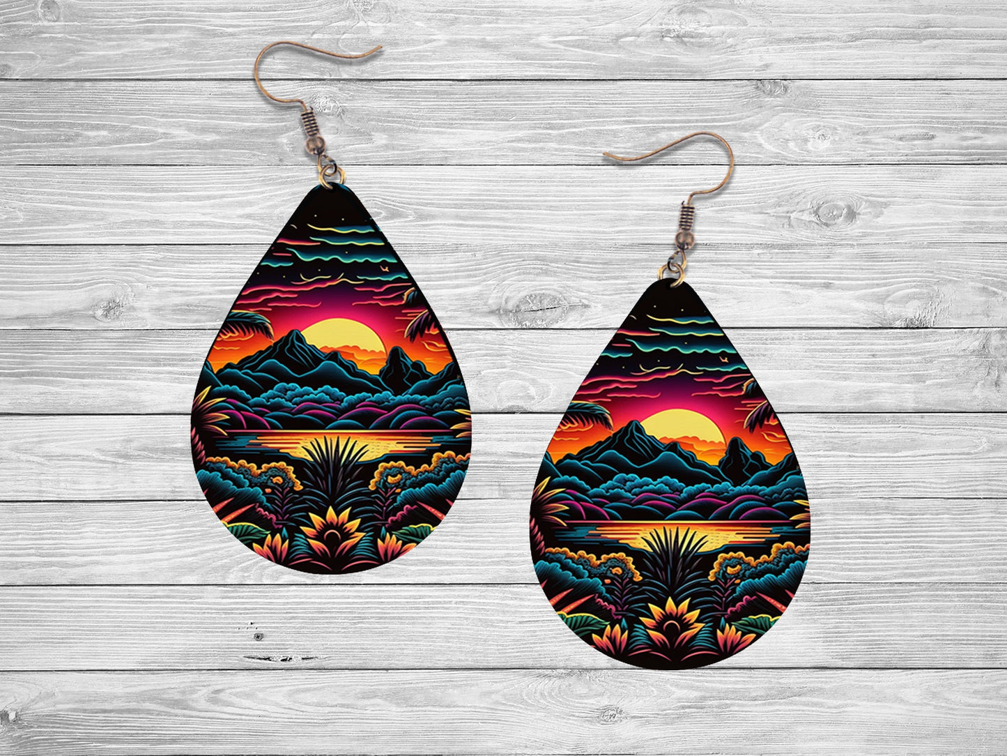 Neon Sunset Beach Earrings, Teardrop Dangle Printed Earrings Jewelry Handmade