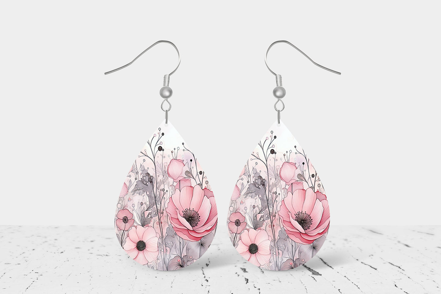 Pink and Gray Floral Earrings, Teardrop Dangle Printed Earrings Jewelry Handmade