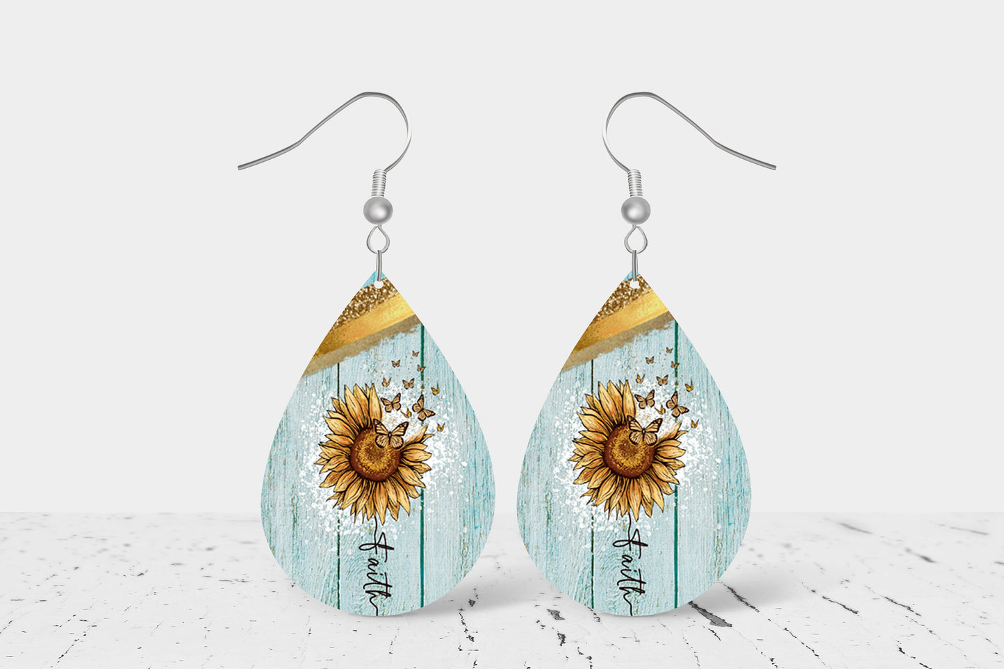 Sunflower Faith on Blue Earrings, Teardrop Dangle Printed Earrings Jewelry Handmade