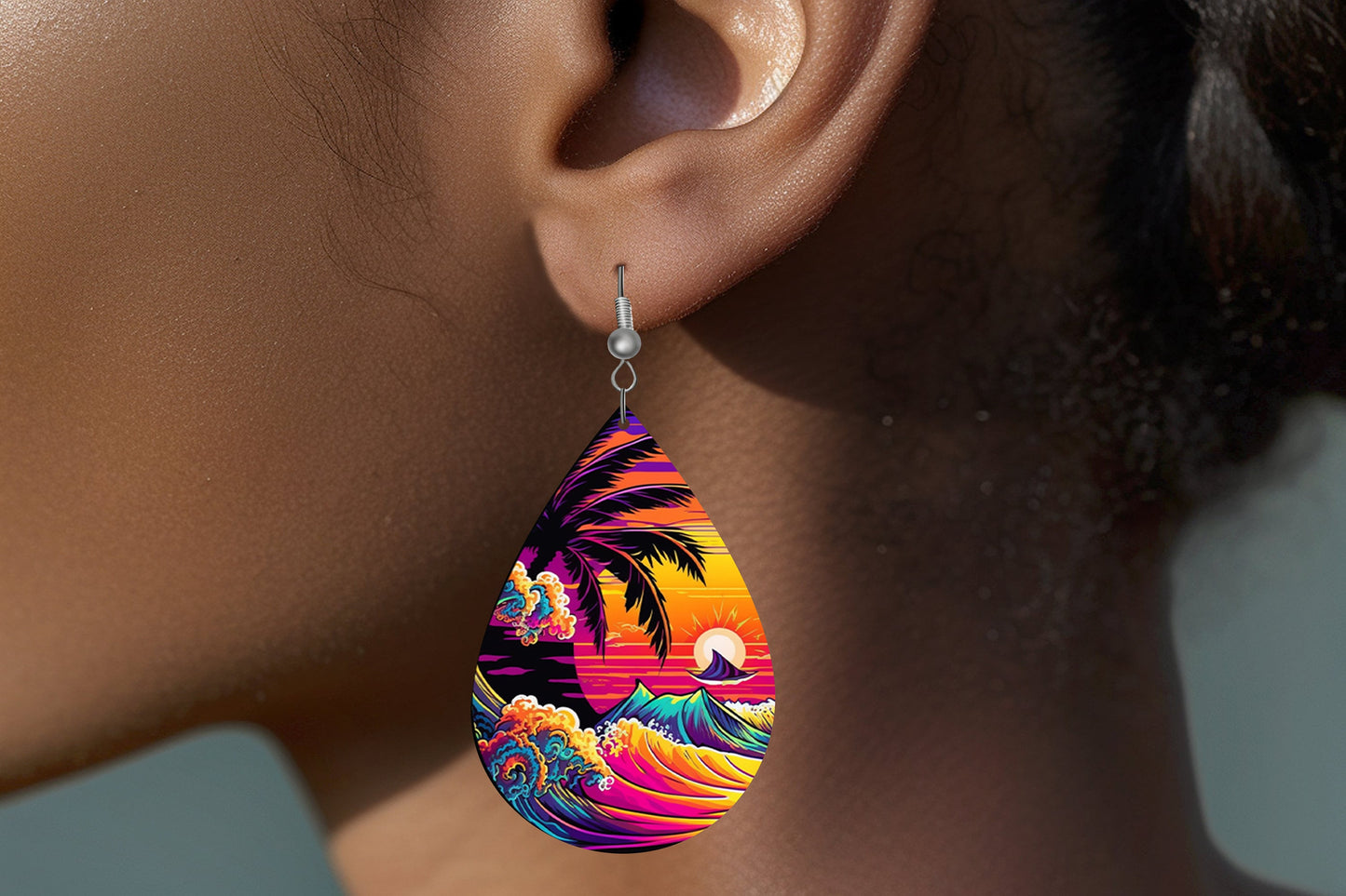 Neon Beach Print Earrings Print Tear Drop Wood Dangle Earrings Hypoallergenic Jewelry