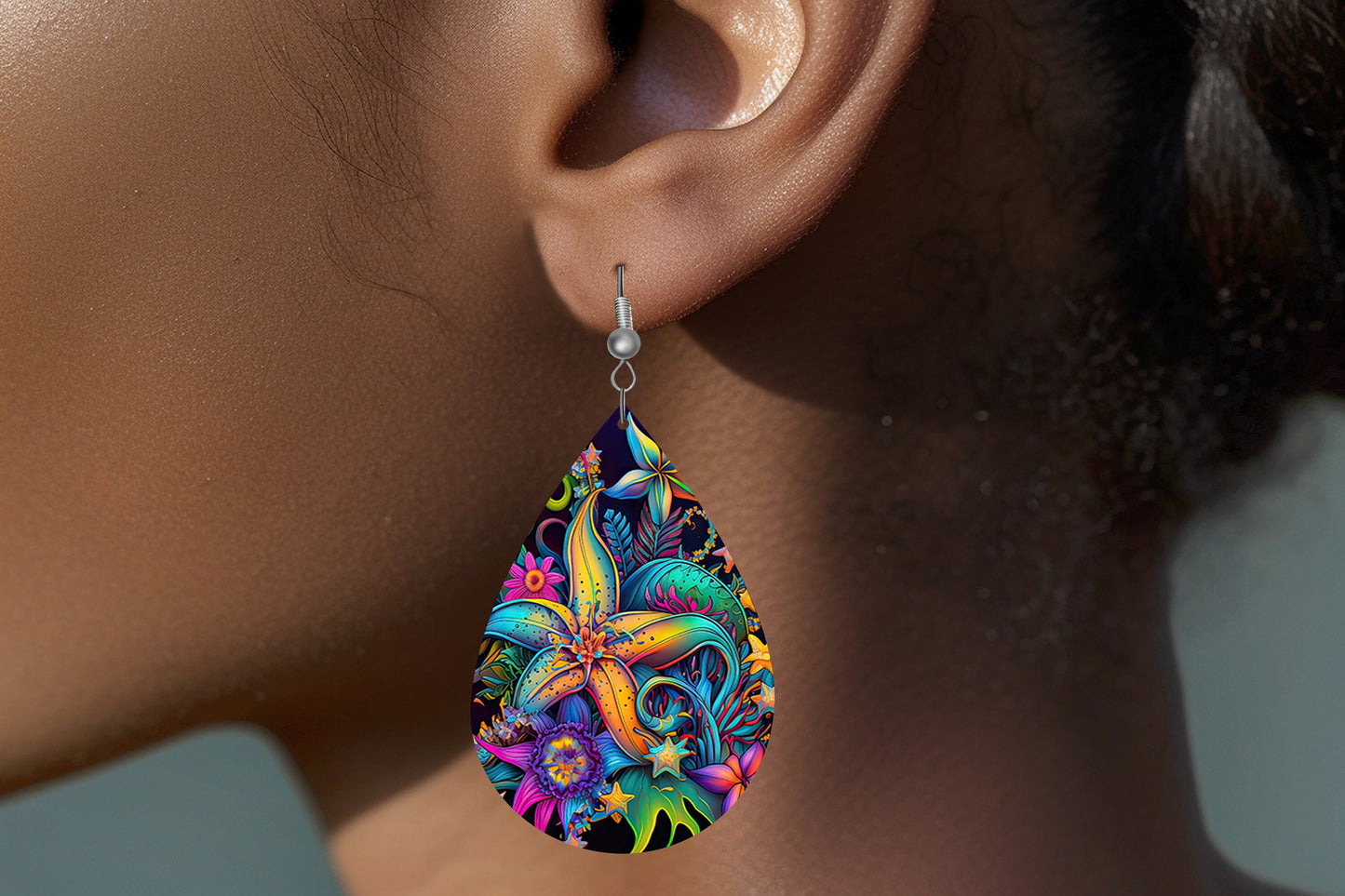 Neon Starfish Print Earrings Print Tear Drop Wood Dangle Earrings Hypoallergenic Jewelry