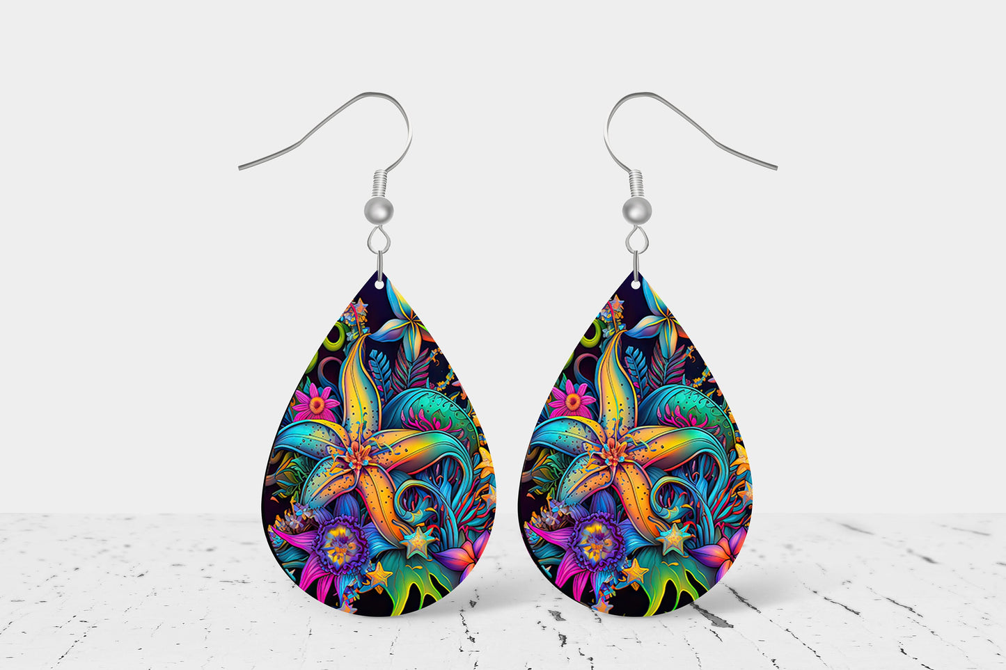 Neon Starfish Print Earrings Print Tear Drop Wood Dangle Earrings Hypoallergenic Jewelry