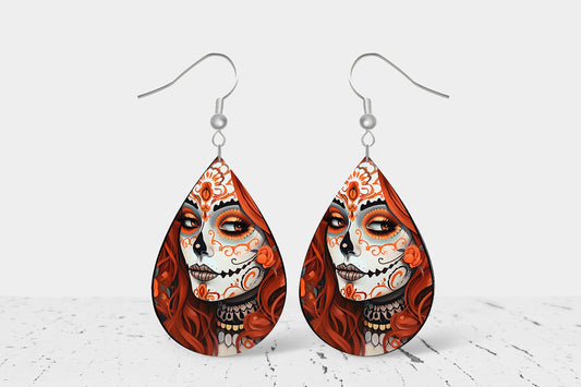 Orange and Black Sugar Skull Print Earrings Print Tear Drop Wood Dangle Earrings Hypoallergenic Jewelry