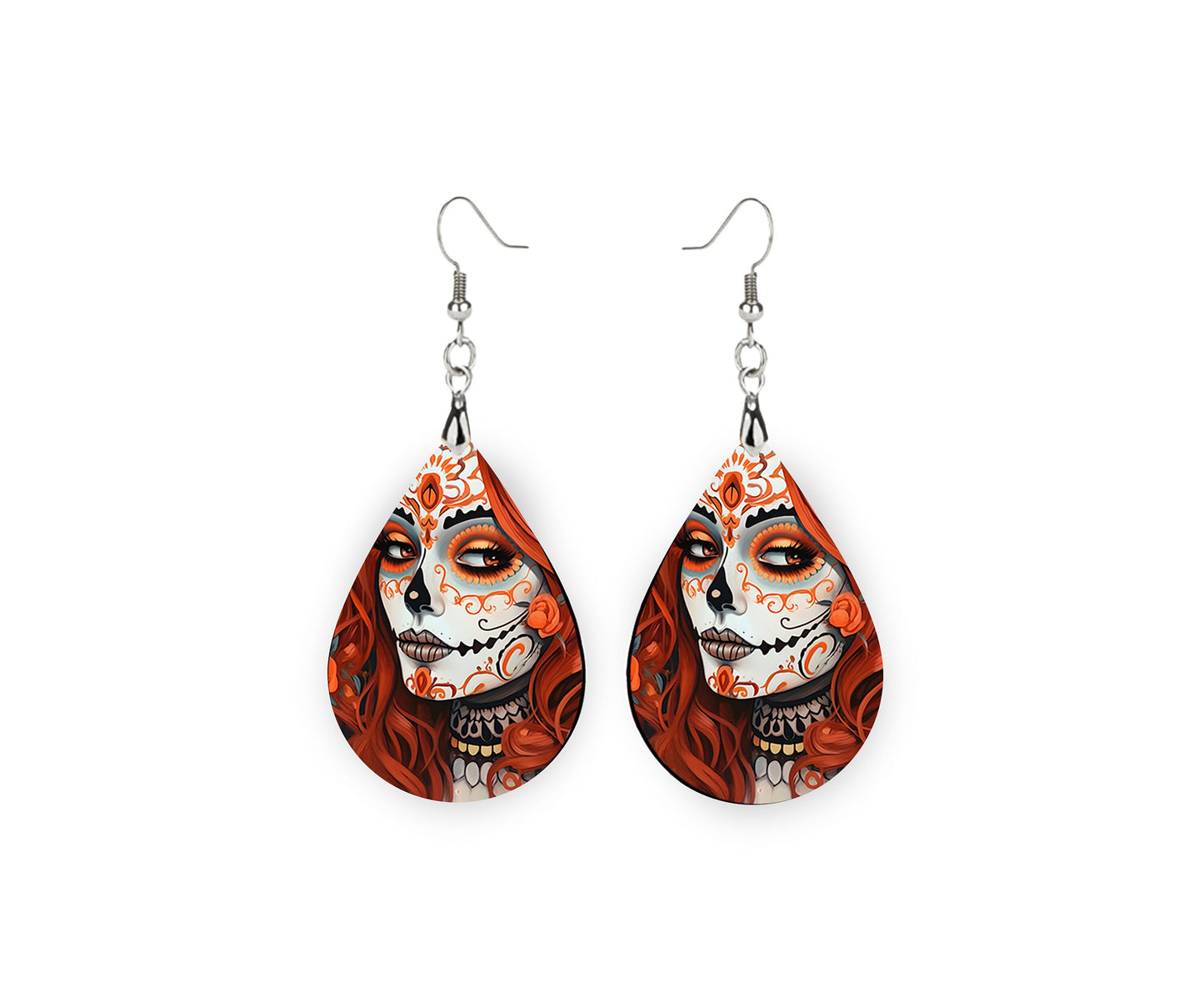 Orange and Black Sugar Skull Print Earrings Print Tear Drop Wood Dangle Earrings Hypoallergenic Jewelry