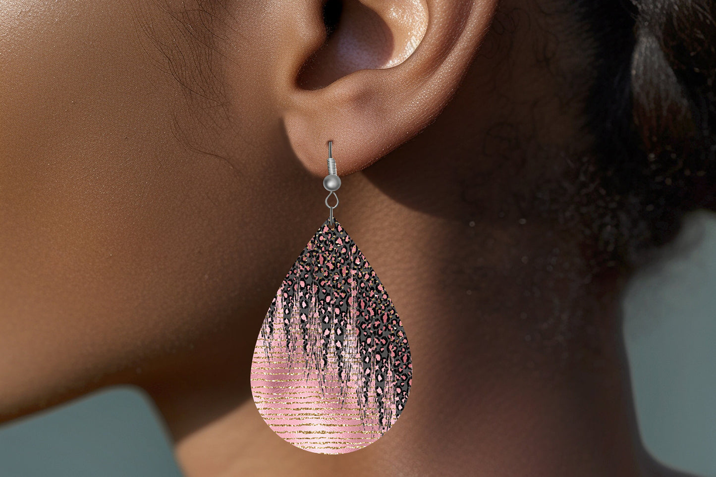 Pink Black Leopard Print Earrings Print Tear Drop Wood Dangle Earrings Hypoallergenic Jewelry