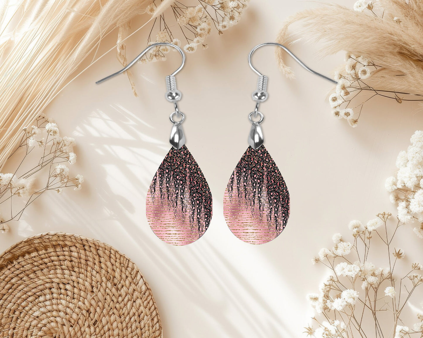 Pink Black Leopard Print Earrings Print Tear Drop Wood Dangle Earrings Hypoallergenic Jewelry