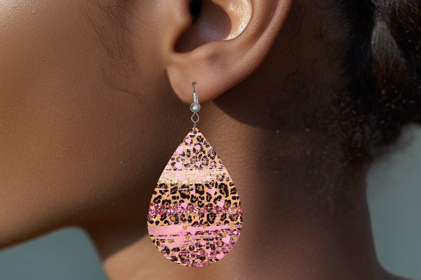 Pink Hearts on Leopard Print Earrings Print Tear Drop Wood Dangle Earrings Hypoallergenic Jewelry