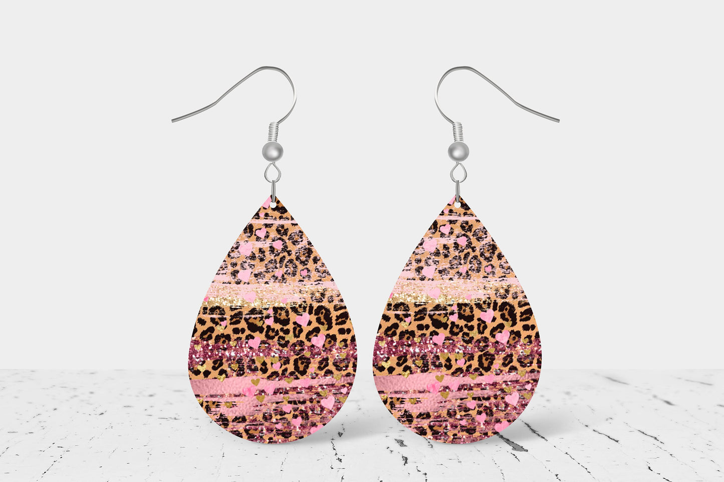 Pink Hearts on Leopard Print Earrings Print Tear Drop Wood Dangle Earrings Hypoallergenic Jewelry