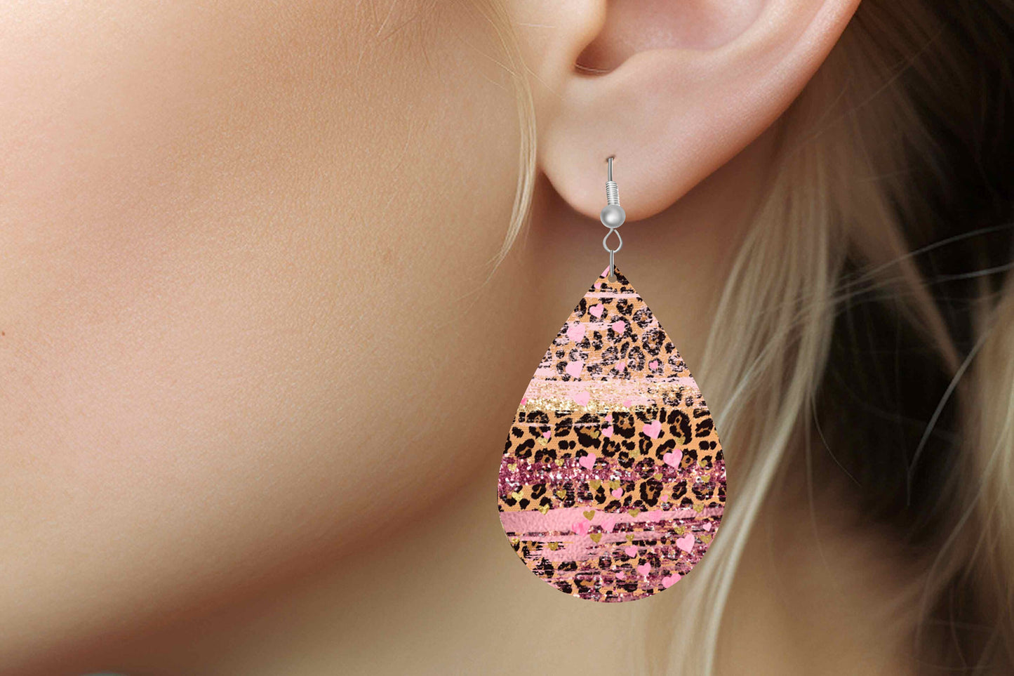 Pink Hearts on Leopard Print Earrings Print Tear Drop Wood Dangle Earrings Hypoallergenic Jewelry