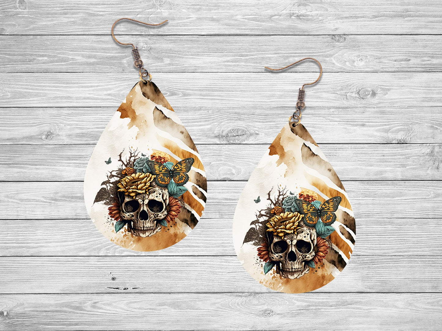 Skull on Animal Print Earrings Print Tear Drop Wood Dangle Earrings Hypoallergenic Jewelry