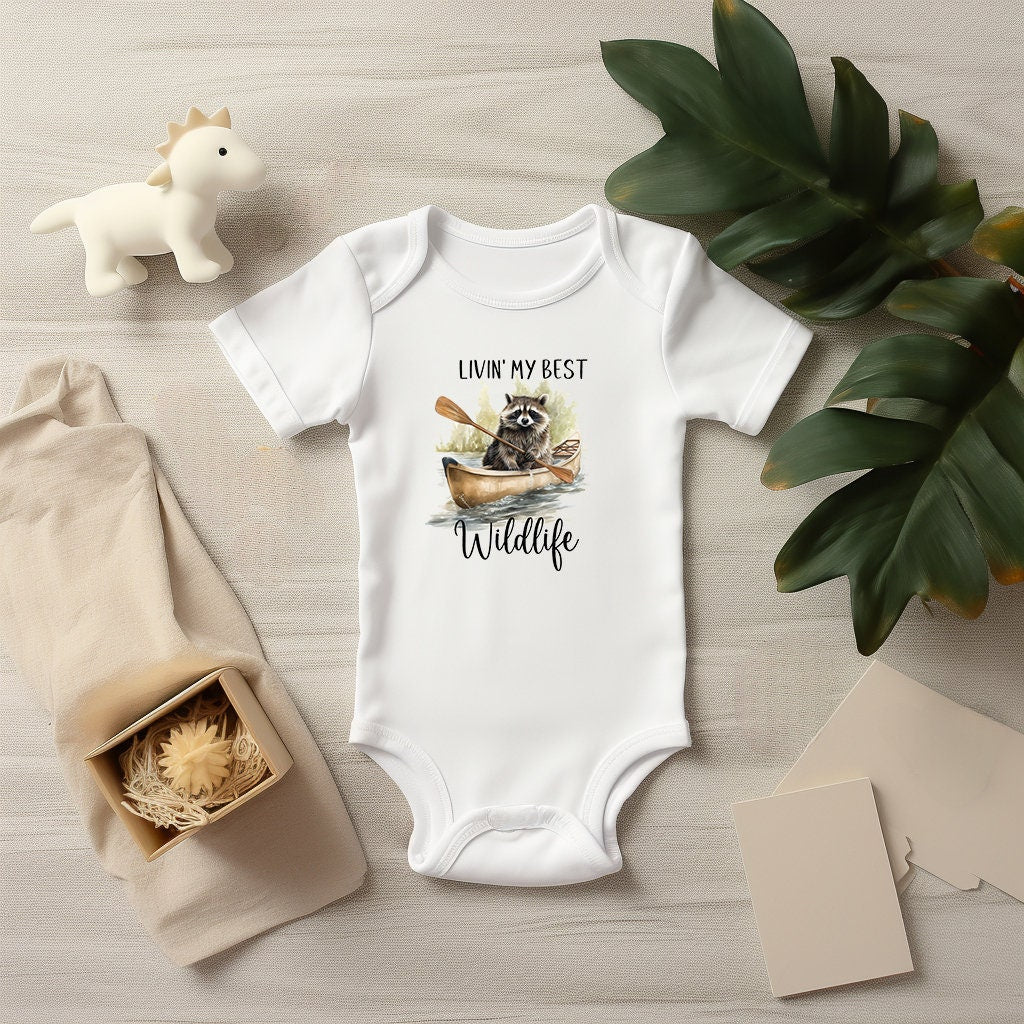 Baby Bodysuit, Raccoon Livin' My Best Wildlife One Piece Baby Suit, Baby Gift,  Short Sleeve, 0-18 Months size