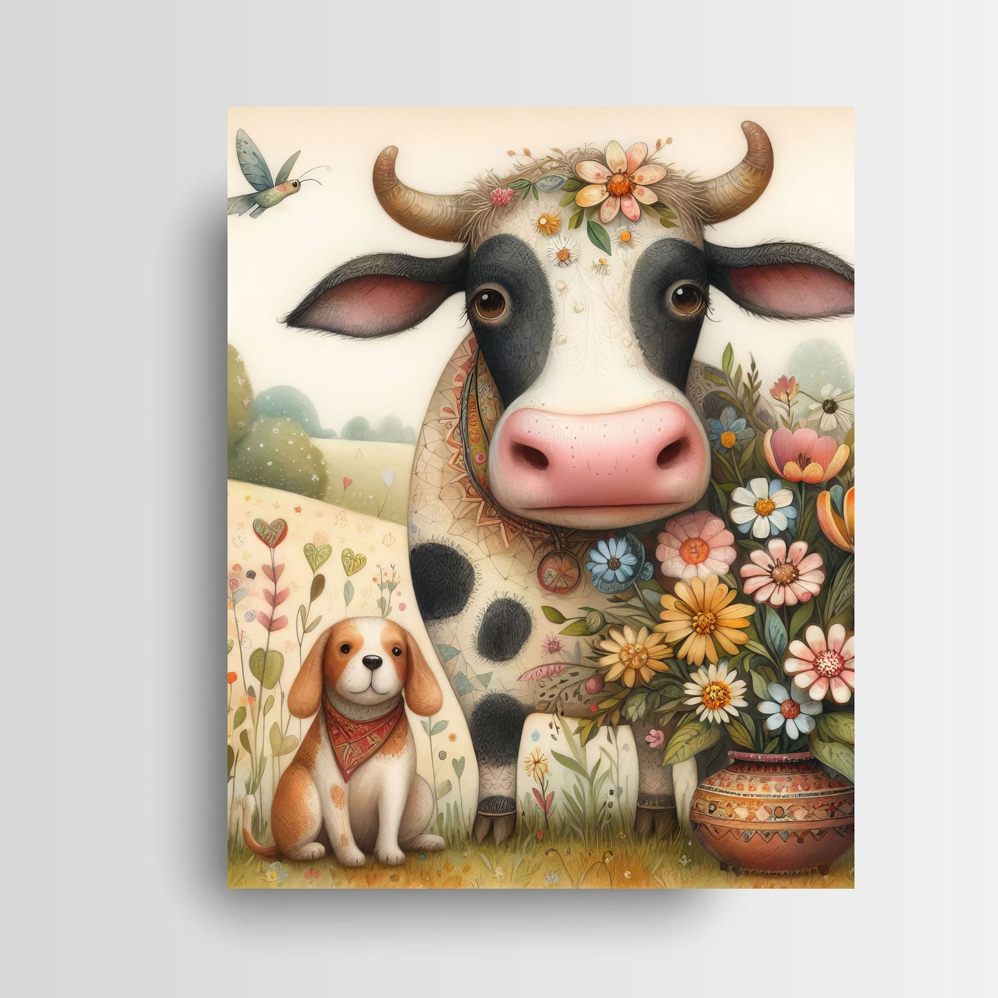 16x20 Cow and Puppy Wall Art Canvas Print