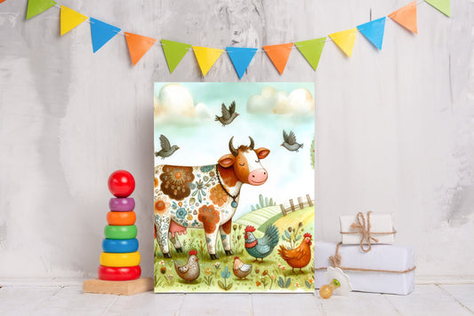 16x20 Whimsical Cow Wall Art Canvas Print, Nursery Wall Art