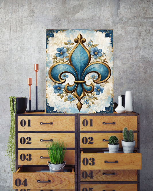 16x20 Blue Fleur de Lis Wall Art Canvas Print