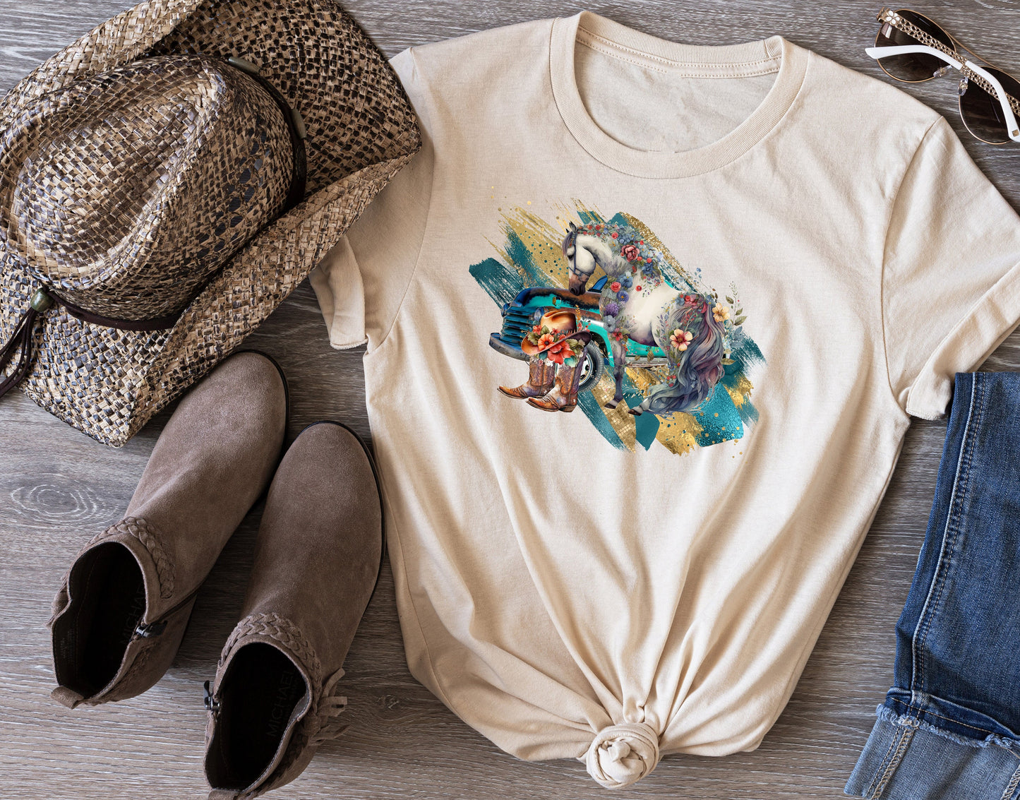 Floral Horse and Boots T Shirt, Tshirt, Graphic T's  100% Cotton Tee