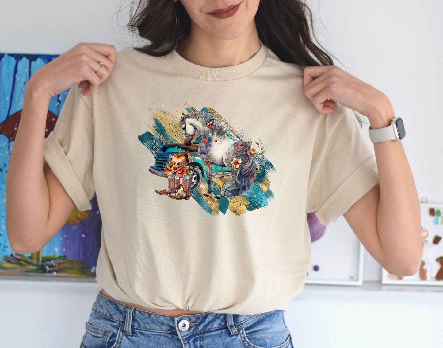 Floral Horse and Boots T Shirt, Tshirt, Graphic T's  100% Cotton Tee