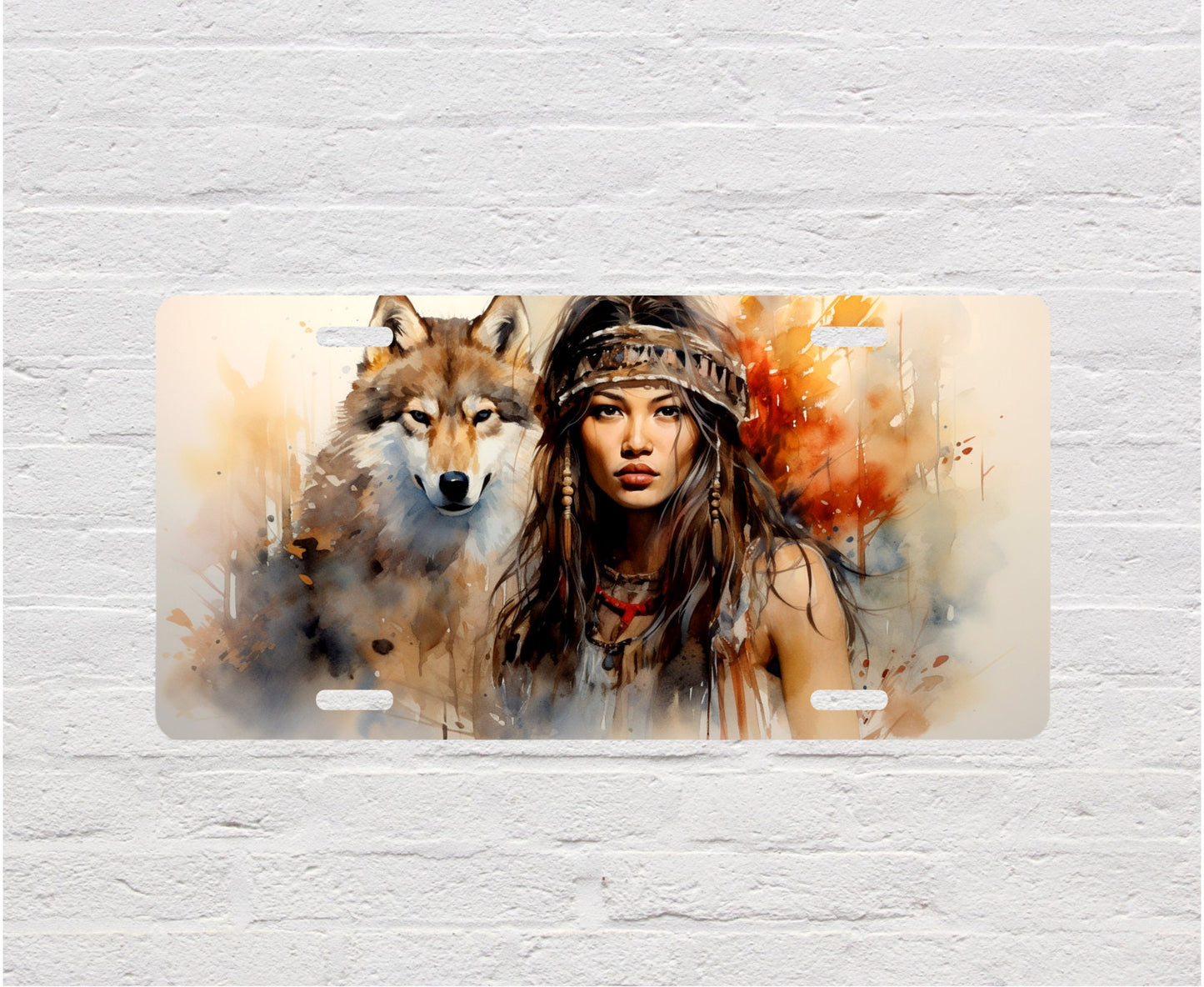 Native American Girl and Wolf Vanity Decorative Front License Plate Cute Car License Plate Aluminum Metal Plate