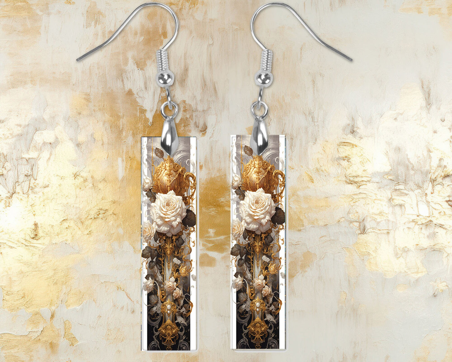 Rococo White Rose Earrings, Bar Dangle Printed Earrings Jewelry Handmade