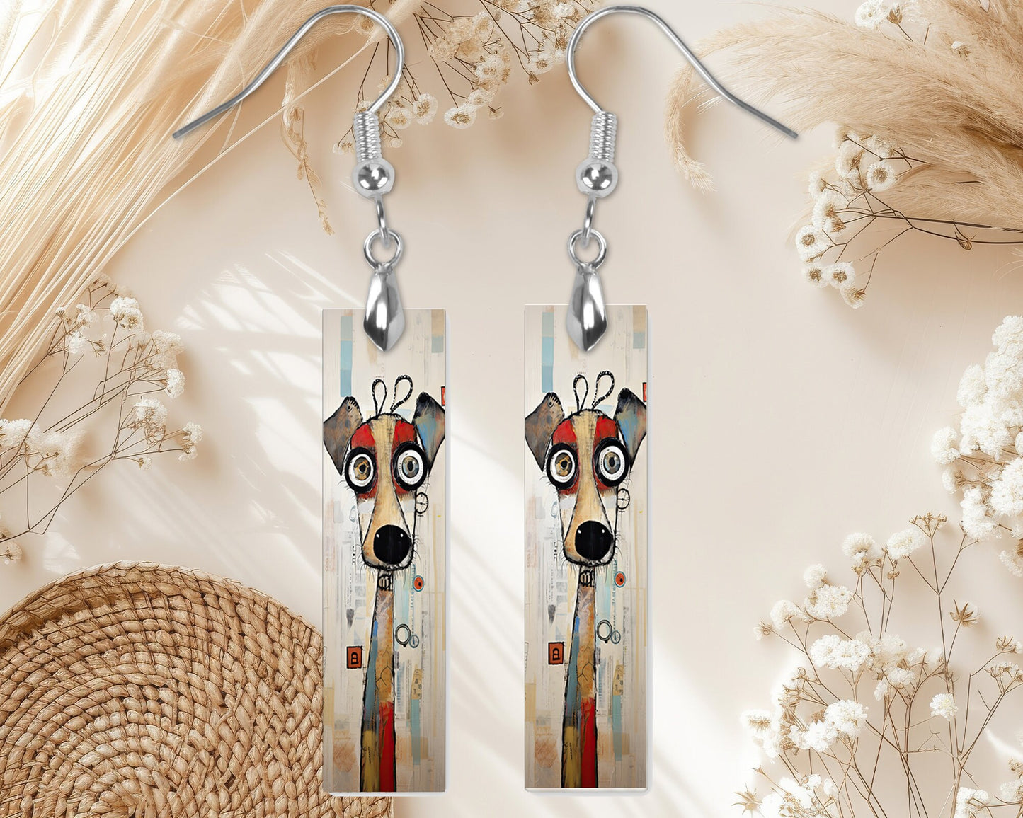 Wally Muttley Dog Earrings, Bar Dangle Printed Earrings Jewelry Handmade