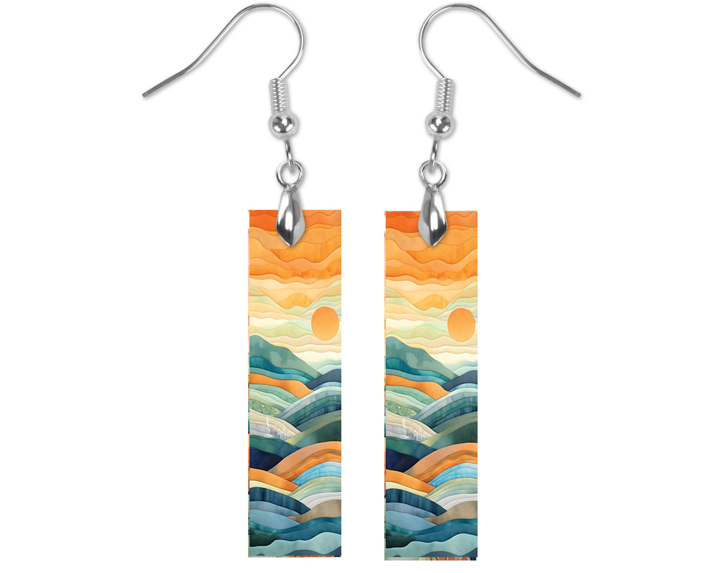 Watercolor Sunrise Earrings, Bar Dangle Printed Earrings Jewelry Handmade