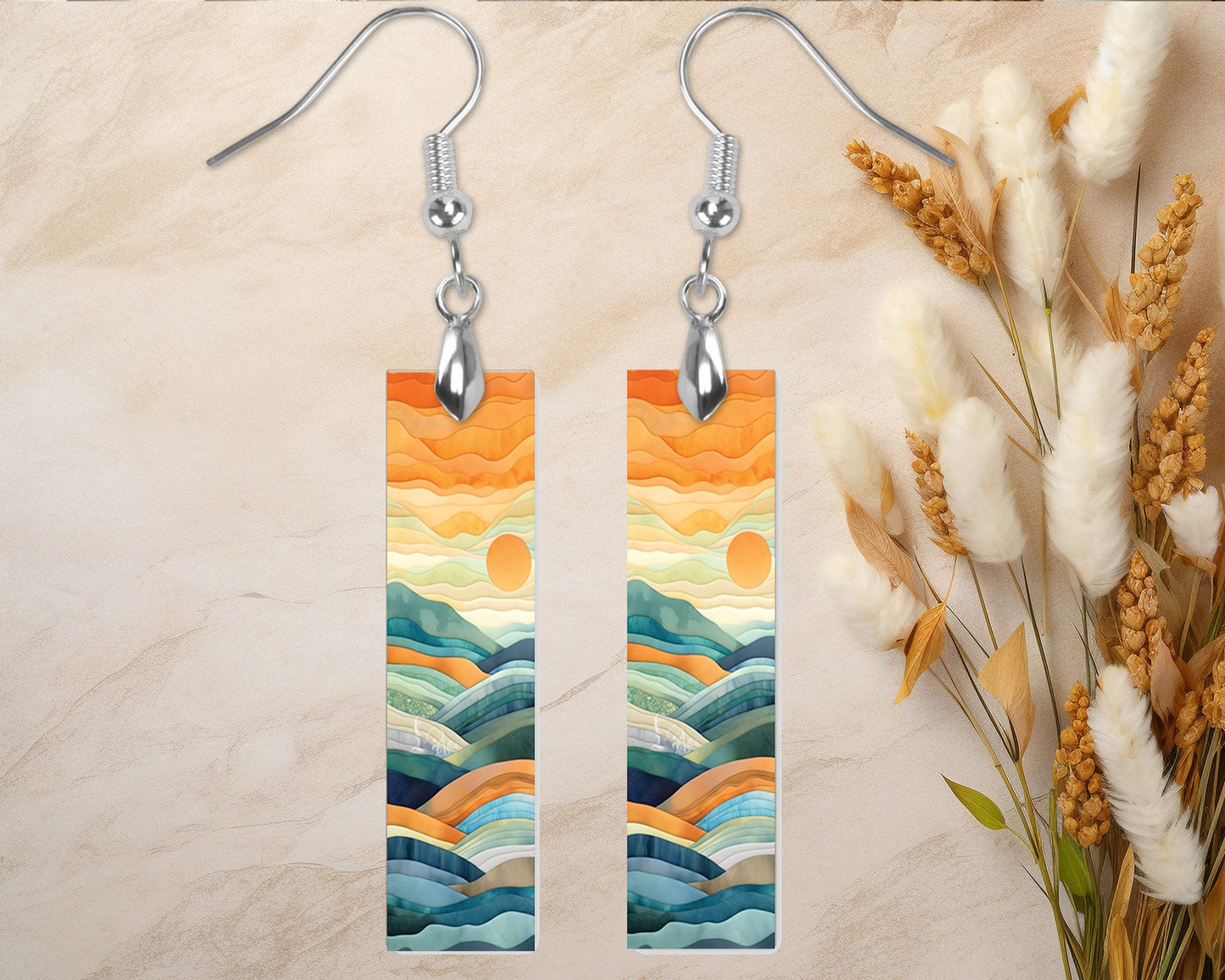 Watercolor Sunrise Earrings, Bar Dangle Printed Earrings Jewelry Handmade