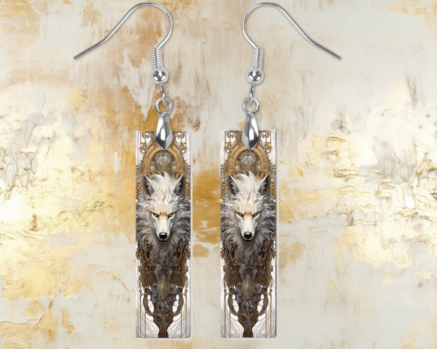 Rococo Wolf Earrings, Printed Wood Dangle Earrings Hypoallergenic Jewelry Handmade