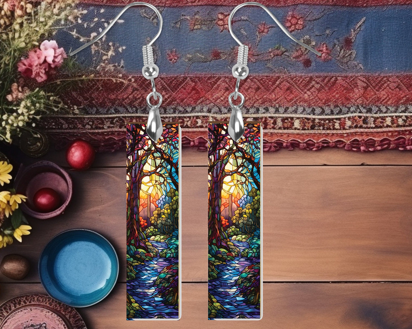 New Release, Faux Stain Glass Stream Earrings, Printed Wood Dangle Earrings Hypoallergenic Jewelry Handmade