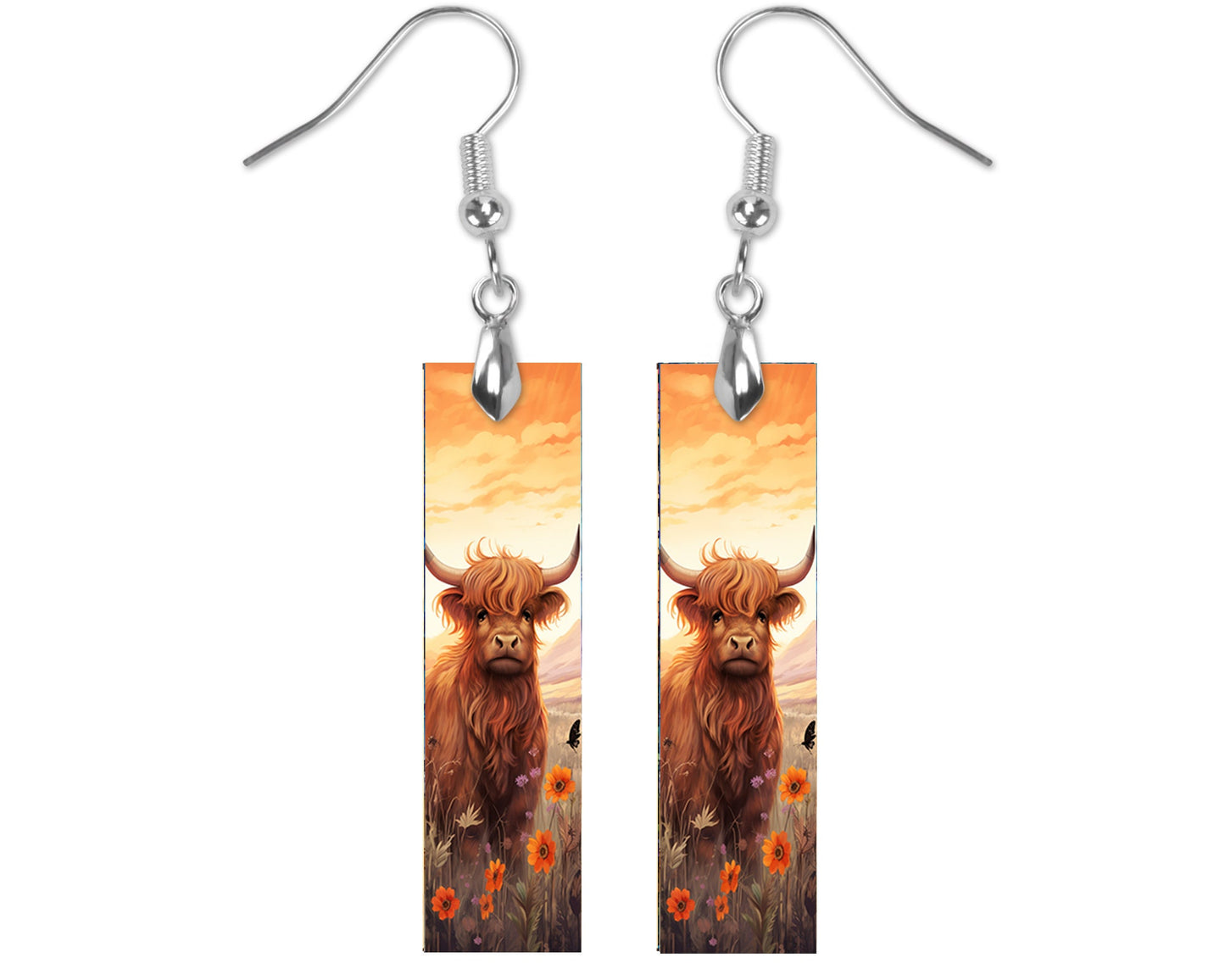 Sunset Highland Cow Earrings, Printed Wood Dangle Earrings Hypoallergenic Jewelry Handmade