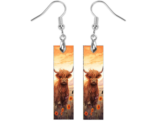 Sunset Highland Cow Earrings, Printed Wood Dangle Earrings Hypoallergenic Jewelry Handmade