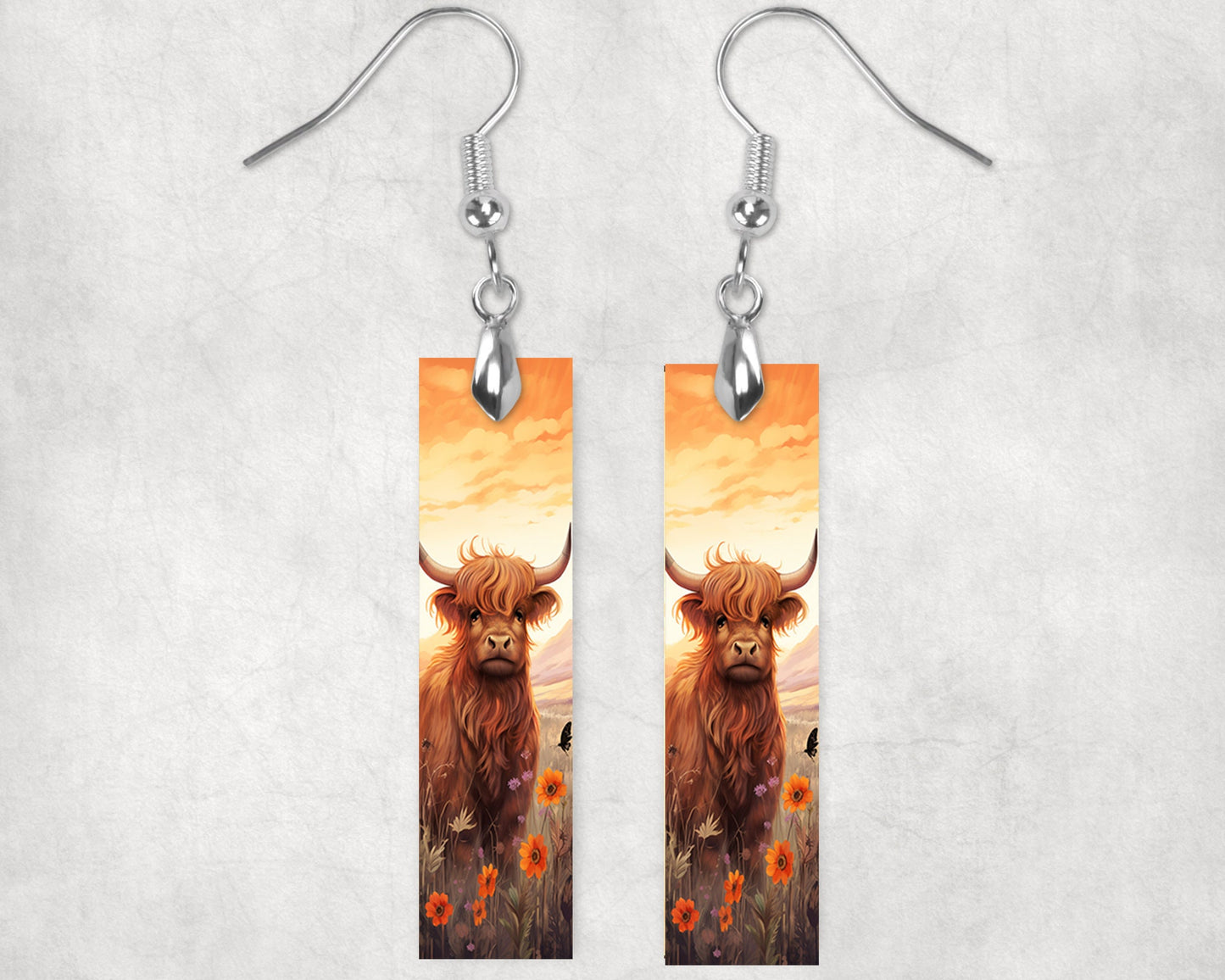 Sunset Highland Cow Earrings, Printed Wood Dangle Earrings Hypoallergenic Jewelry Handmade