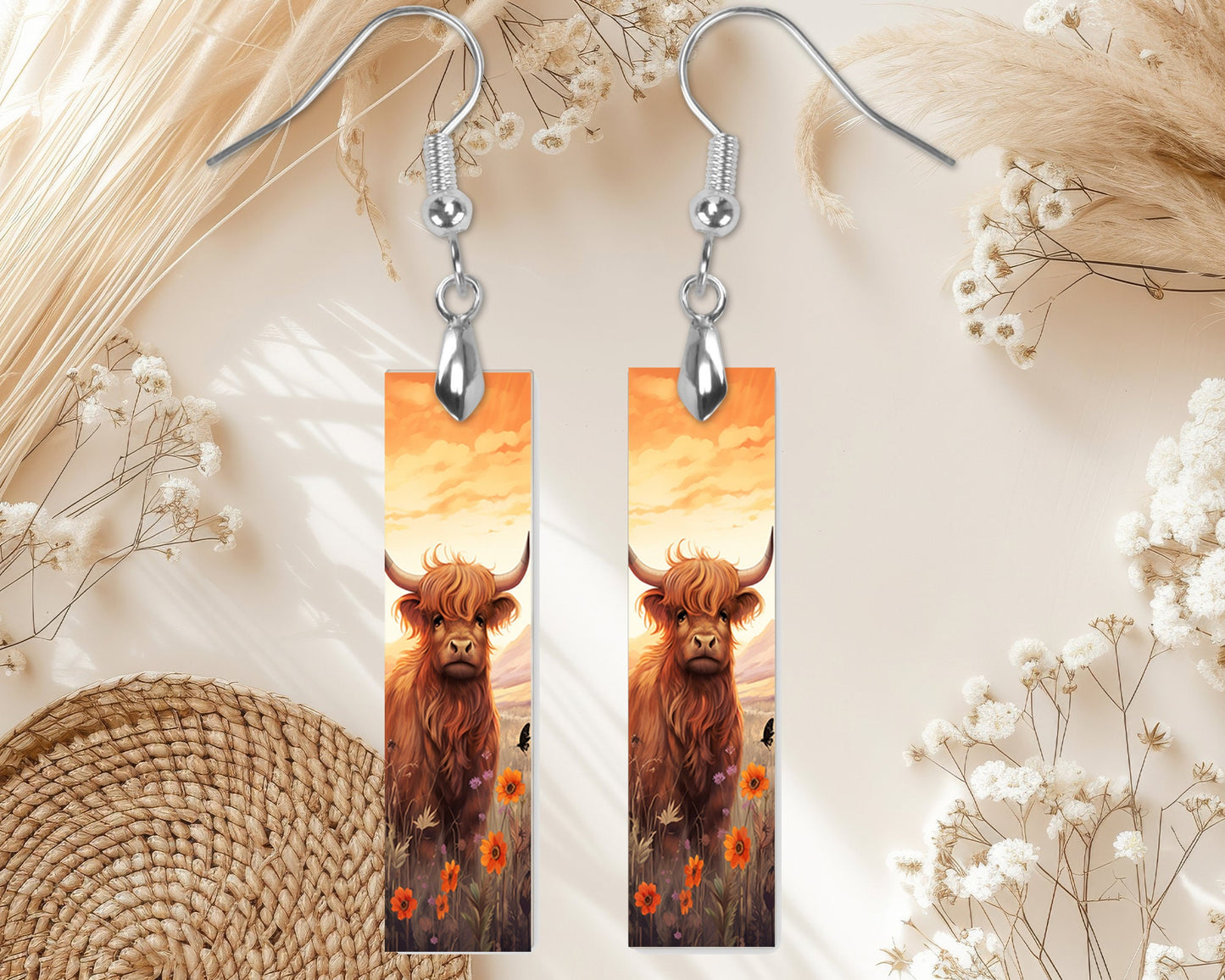 Sunset Highland Cow Earrings, Printed Wood Dangle Earrings Hypoallergenic Jewelry Handmade