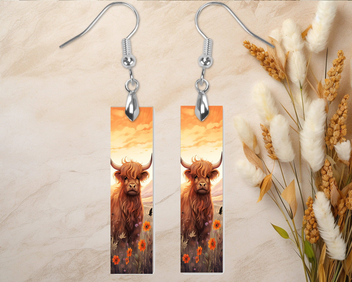 Sunset Highland Cow Earrings, Printed Wood Dangle Earrings Hypoallergenic Jewelry Handmade