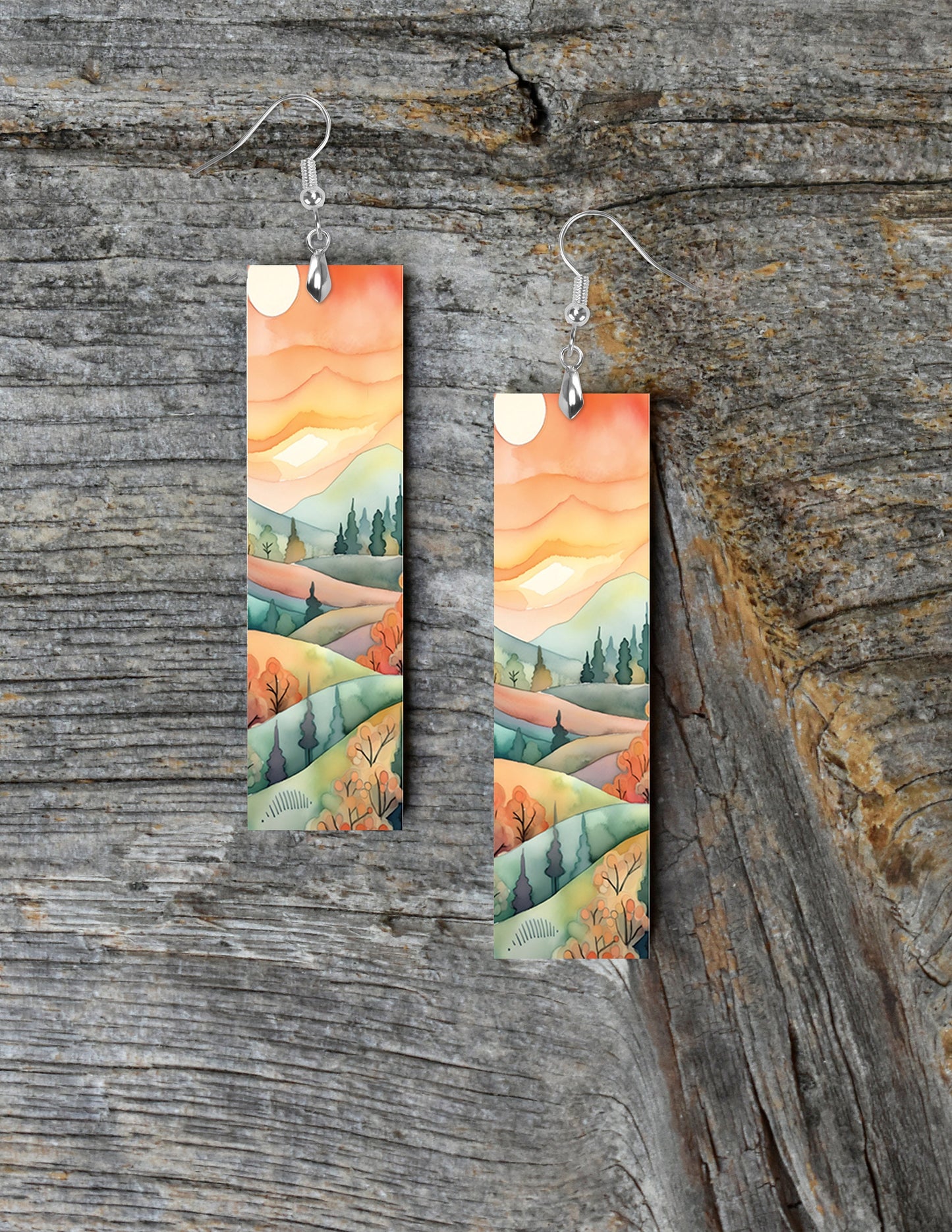 Watercolor Foothills Earrings, Printed Wood Dangle Earrings Hypoallergenic Jewelry Handmade