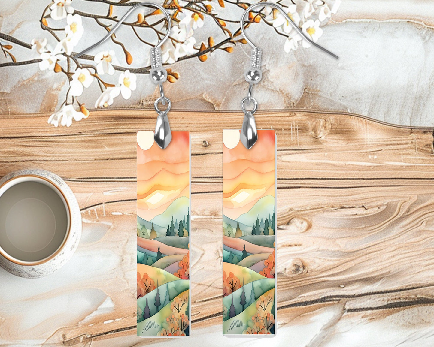 Watercolor Foothills Earrings, Printed Wood Dangle Earrings Hypoallergenic Jewelry Handmade