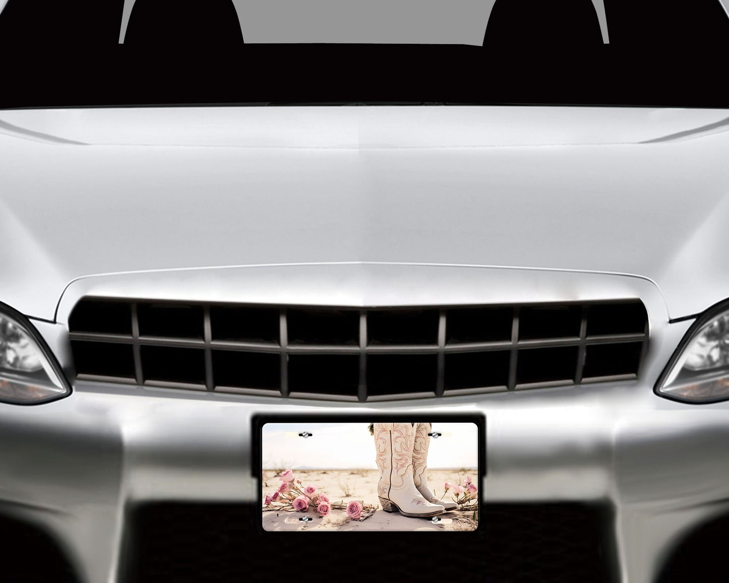 Vanity Front License Plate, Boots and Roses Aluminum Vanity License Plate Car Accessory Decorative Front Plate