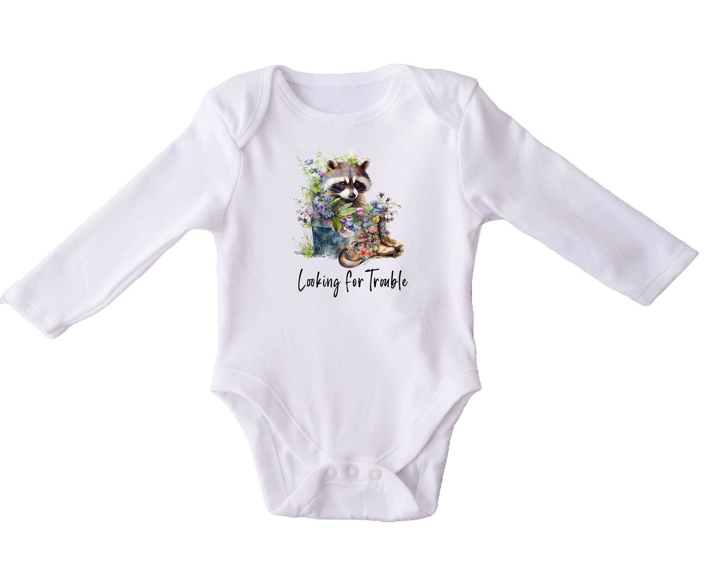 Baby Bodysuit, Raccoon Looking for Trouble One Piece Baby Suit, Baby Gift, Long / Short Sleeve, 0-18 Months size