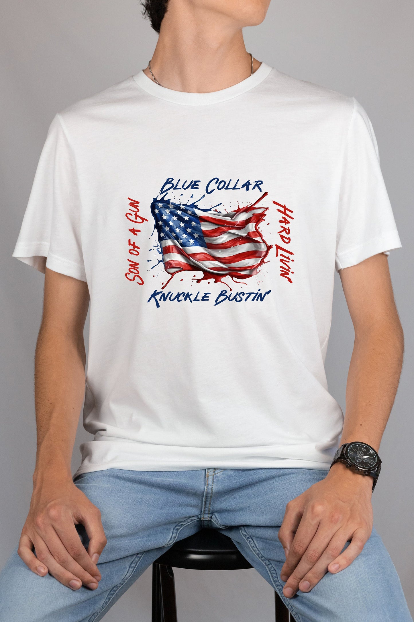 New Release, Blue Collar American Flag T Shirt, Tshirt, Graphic T's  100% Cotton Black White or Gray, Tee,