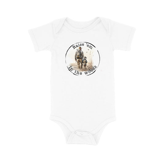 Baby Bodysuit, Raise 'Em in the Woods One Piece Baby Suit, Baby Gift, Long / Short Sleeve, 0-18 Months size