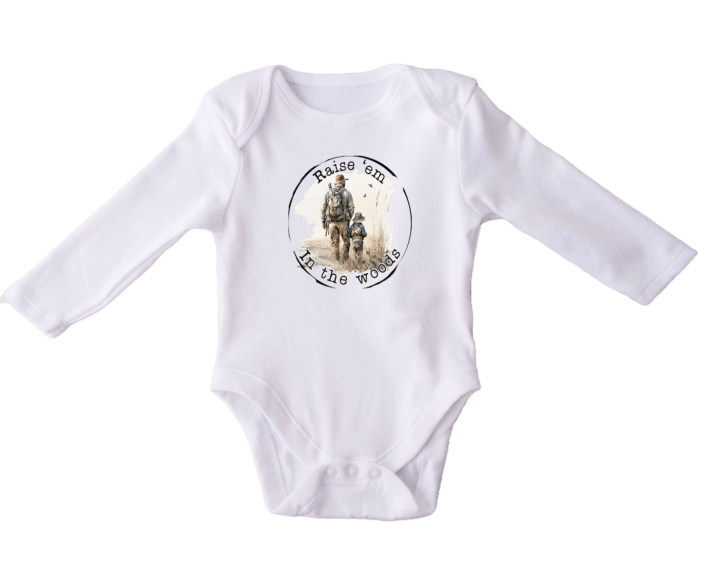 Baby Bodysuit, Raise 'Em in the Woods One Piece Baby Suit, Baby Gift, Long / Short Sleeve, 0-18 Months size