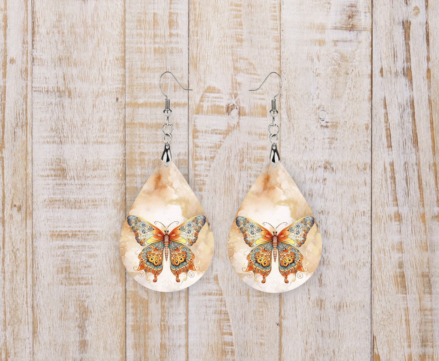 Beautiful Butterfly Earrings Print Tear Drop Wood Dangle Earrings Hypoallergenic Jewelry