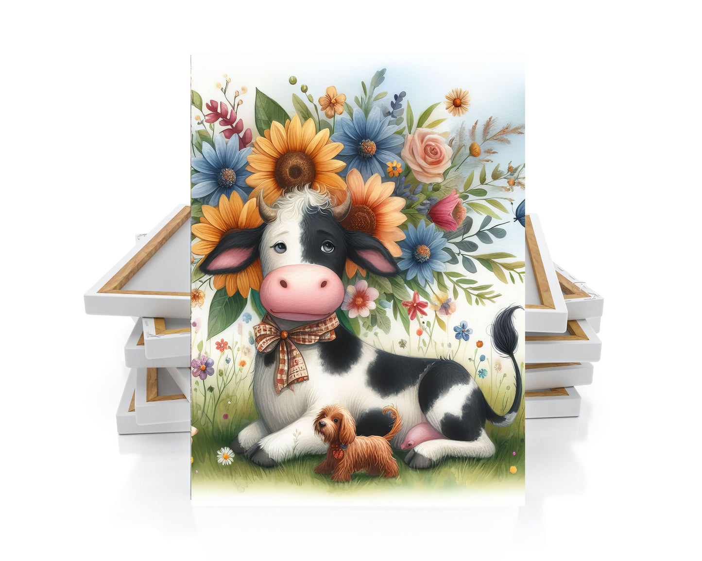 16x20 Whimsical Cow and Flowers Nursery Wall Art Canvas Print