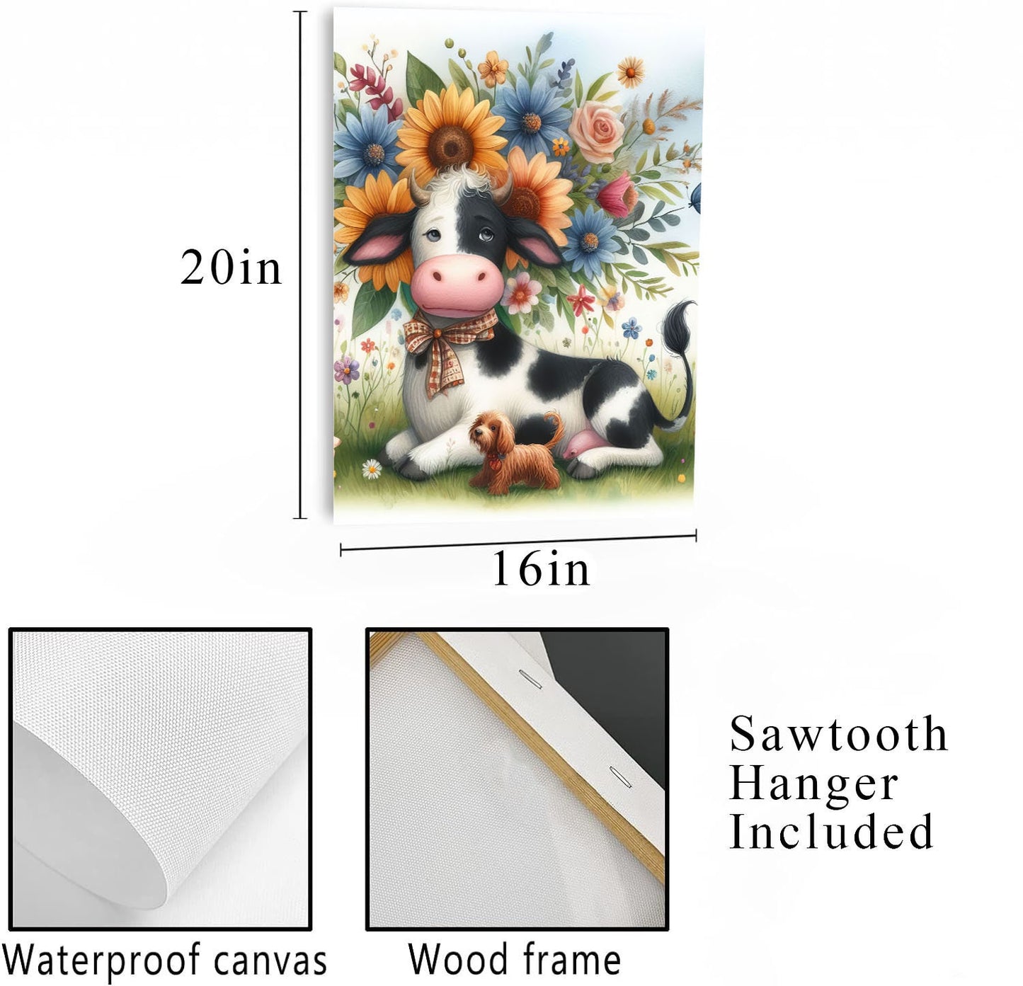 16x20 Whimsical Cow and Flowers Nursery Wall Art Canvas Print