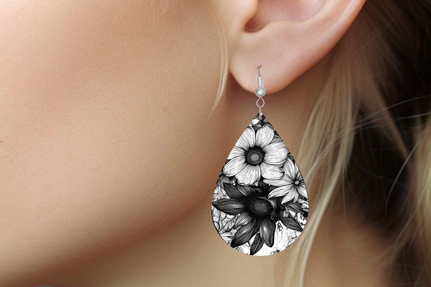 Black and White Floral Earrings Print Tear Drop Wood Dangle Earrings Hypoallergenic Jewelry