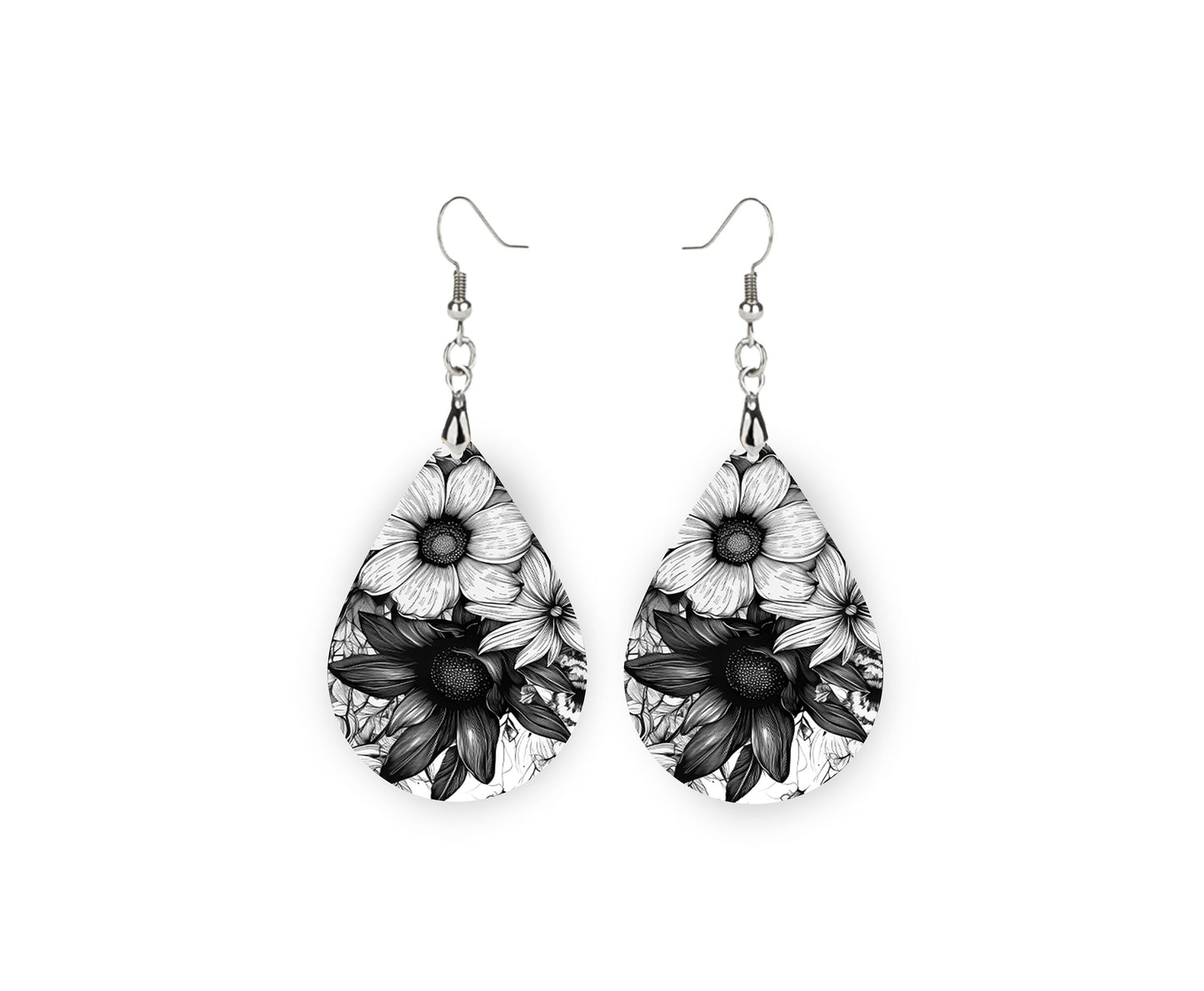 Black and White Floral Earrings Print Tear Drop Wood Dangle Earrings Hypoallergenic Jewelry