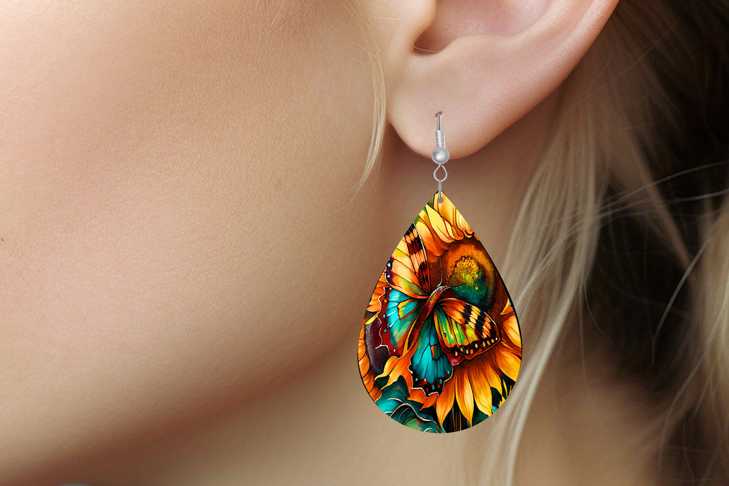 Bold Sunflowers Earrings Print Tear Drop Wood Dangle Earrings Hypoallergenic Jewelry