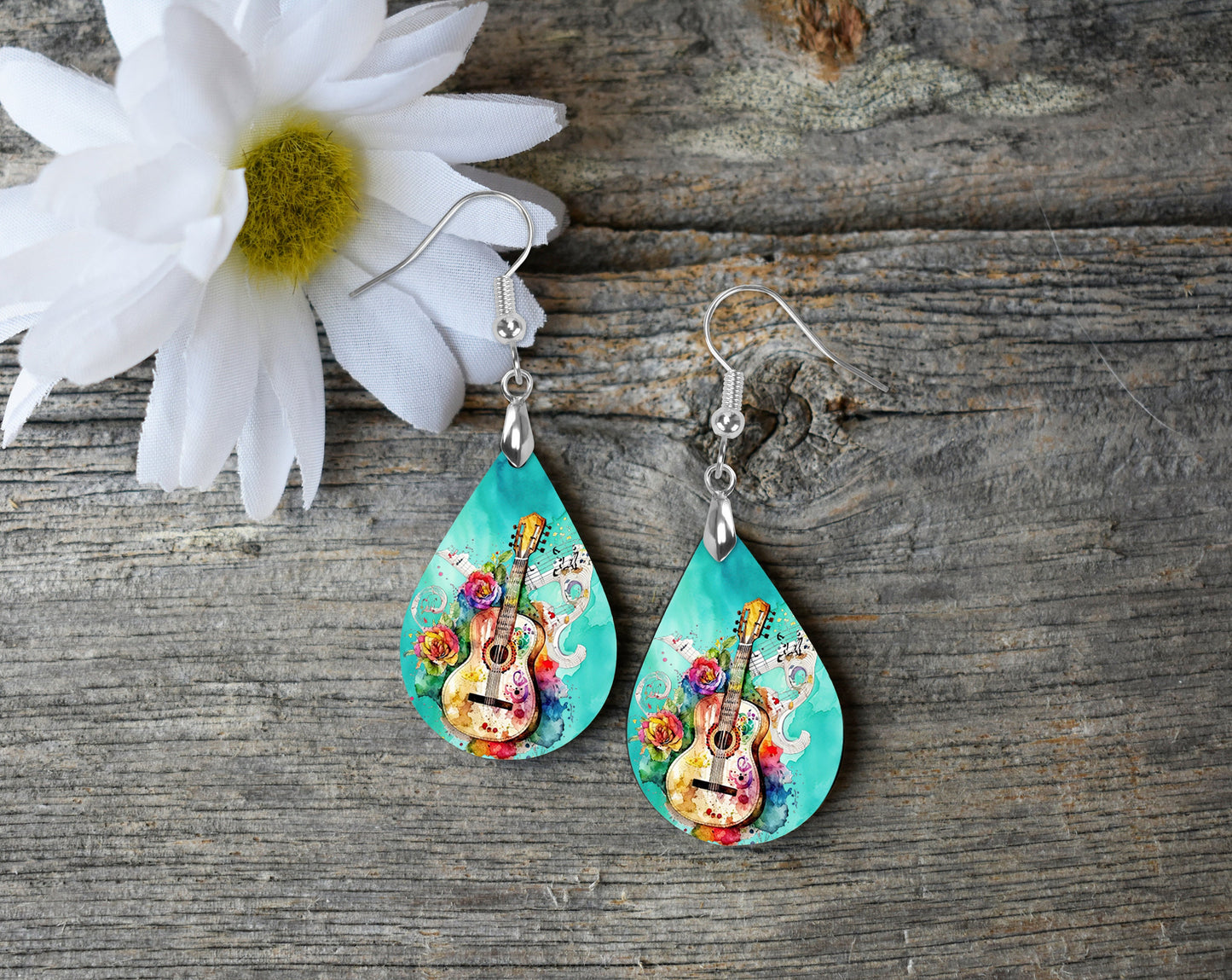 Colorwash Guitar Earrings Print Tear Drop Wood Dangle Earrings Hypoallergenic Jewelry