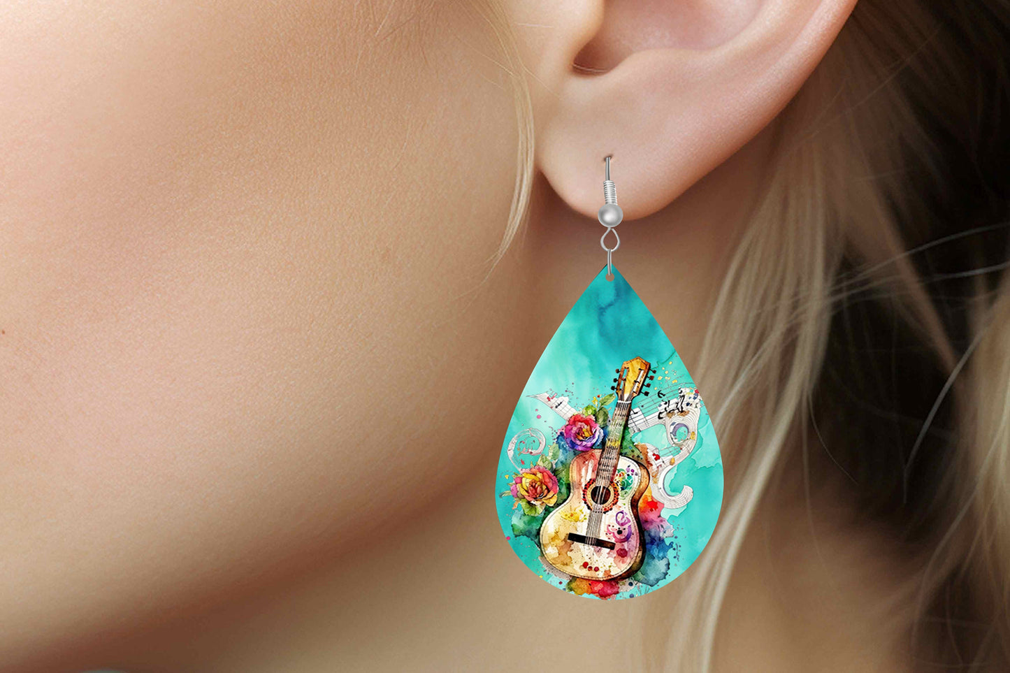 Colorwash Guitar Earrings Print Tear Drop Wood Dangle Earrings Hypoallergenic Jewelry