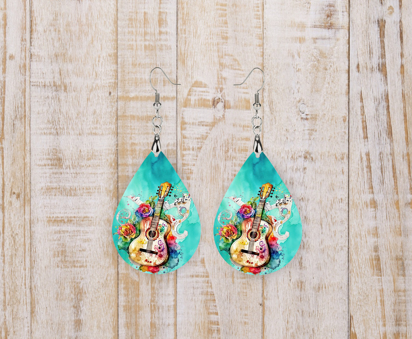 Colorwash Guitar Earrings Print Tear Drop Wood Dangle Earrings Hypoallergenic Jewelry